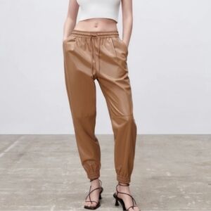 Zara Tan Vegan/Faux Leather Jogging Pants